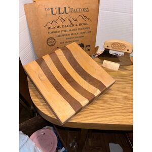 The Ulu Factory Alaska Ulu Knife and Striped Hardwood Bowl Chopping Block Set